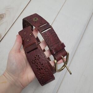 Fossil tooled floral studded leather patchwork belt boho bohemian L